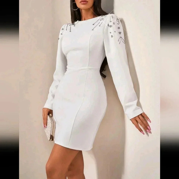 Sprinkled With Sparkling Crystals Embellished Shoulder A-Line Crew Neck Long - Picture 1 of 6